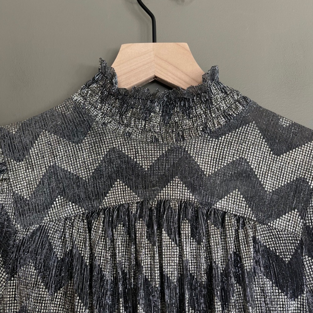 ba&sh Goldy Dress Size XS Anthracite Silver Metallic Chevron High Neck Chic Sexy - Picture 8 of 16